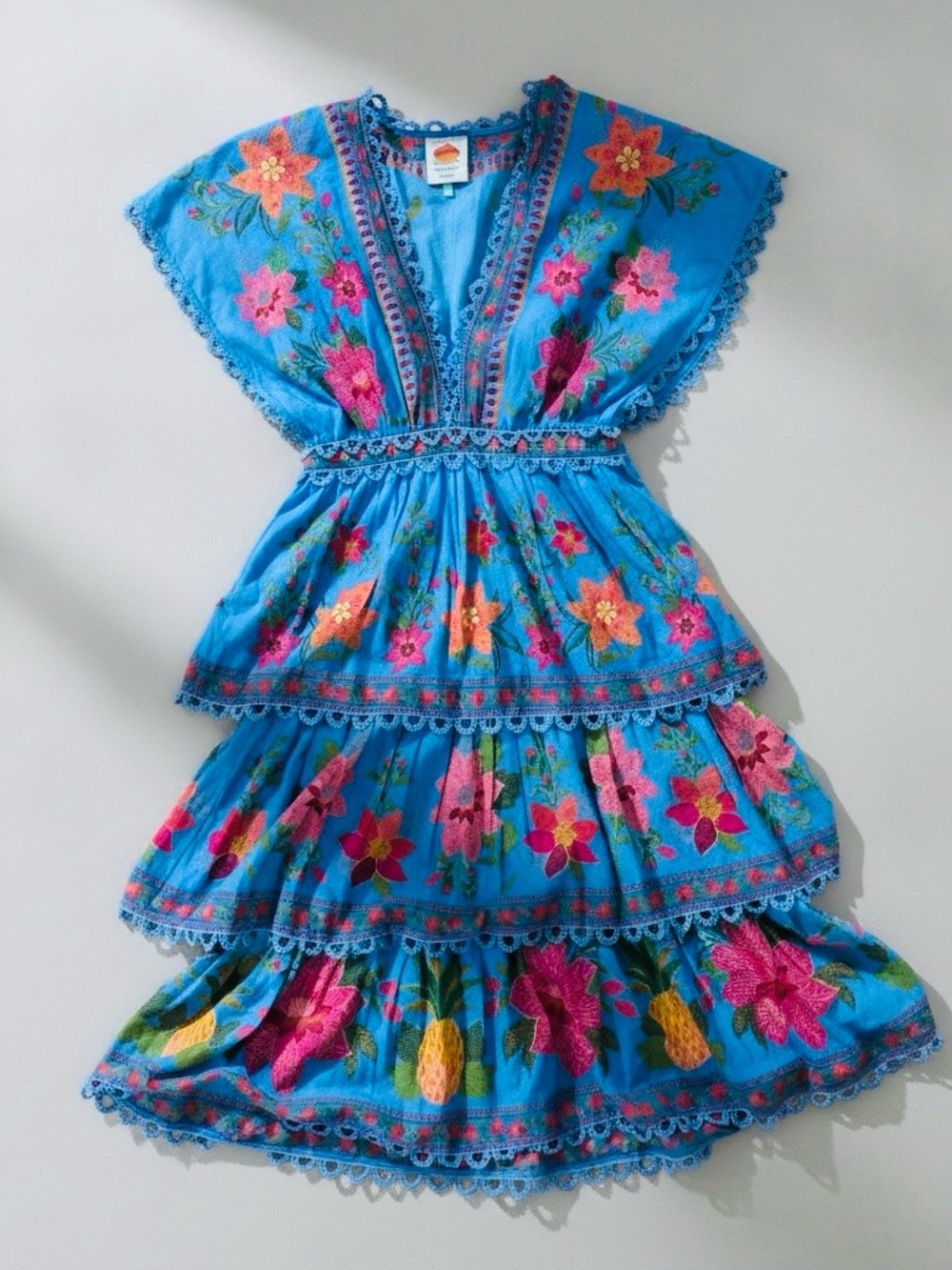 FARM Rio Blue Tropical Tapestry Layered Midi Dress. XS